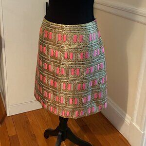 J. McLaughlin Elm Brocade A-line skirt gold pink